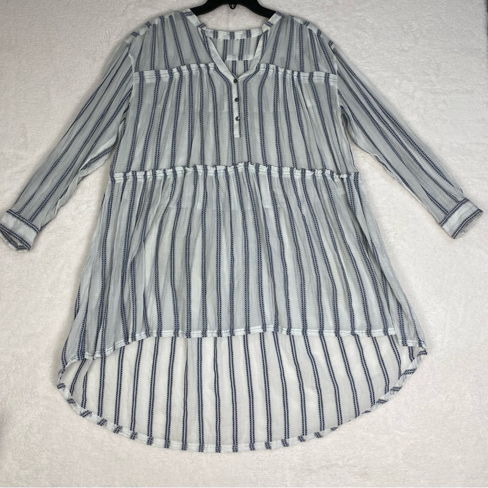 Sundance Thea Striped Tunic Dress Sheer Bohemian Peasant Cotton Women's Size 16